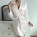 Elegant pearl white satin slip dress sleepwear with silky texture and waist tie design - S / White