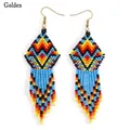 Ethnic handmade beaded tassel earrings with diamond geometry and gold ear hooks - Diamond Geometric Multicolor