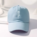 Classic light blue cotton twill baseball cap with white rose embroidery on front center - Sky Blue