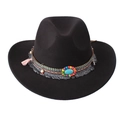 Detail of black cowboy hat with bohemian beads, turquoise stone and colorful tassels - One Size 57-58cm / Bohemian Style Decoration / Black