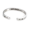 Detail view of silver stainless steel cuff bracelet with I AM ENOUGH engraving - Silver G3342-I AM ENOUGH