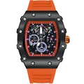 Vista detallada del reloj mecánico tonneau con correa naranja y esfera esqueleto - Naranja