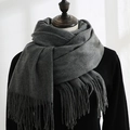 Deep gray long scarf with soft fringe tassels, cozy cashmere-feel winter wrap for women - Dark Gray