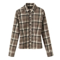 Camicia vintage da donna in flanella a quadri marrone-grigio con maniche lunghe e revers - XS / Tops