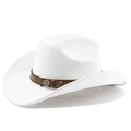 Detail of white felt cowboy hat featuring a brown braided leather band and metal badge - M (56-58cm) / Pure White