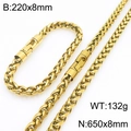 Golden wheat chain jewelry set with 8mm wide necklace and bracelet in stainless steel - Gold (KS226607-KFC)