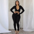 Chic black long sleeve bodysuit with deep V-neck and waist cut-outs in elastic knit - S / Black