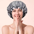 Elastic shower cap in black and white stripes with waterproof ruffle edge - Black Stripe