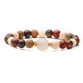 Detail of beaded bracelet with natural agate, wood beads and golden metal spacers - Multicolor Round Bead