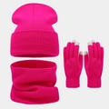 Detail of rose red winter knit set featuring touchscreen gloves, scarf, and warm beanie - Rose Red