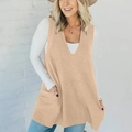 Women's loose-fit V-neck knit vest in light camel beige color with ribbed hemline - S / Khaki