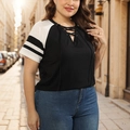 Close-up of V-neck lace-up detail and contrast color stitching on summer t-shirt - XL / Black