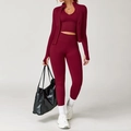 Ensemble de yoga 3 pièces en maille côtelée bordeaux avec veste, brassière et legging - S / Haut Et Bas / Ensemble 3 Pièces (Soutien-Gorge+Pantalon+Veste) / Rouge Cerise