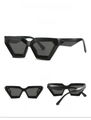 Three-view set of black geometric sunglasses showing front, side, and 45-degree angles - Black Frame Black Grey Lens