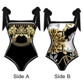 Reversible one-piece swimsuit featuring elegant golden baroque patterns and tie shoulder straps - S / One-Piece Swimsuit (Reversible)
