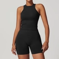 Ensemble de yoga noir côtelé deux pièces avec haut dos nageur et short taille haute - S / Haut Et Bas / Ensemble 2 pièces (Gilet + Short) / Noir Premium