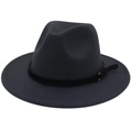 Detail view of dark grey wide brim wool fedora with a black leather band and metal buckle - M (56-58cm) / Dark Gray