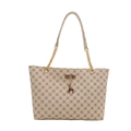 Borsa tote beige da donna a scacchi con catena dorata e ciondolo a forma di cervo - Bianco