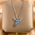 Elegant deer antler necklace with blue gemstone and white cubic zirconia accents - Silver White Zirconia