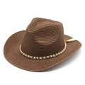 Dettaglio cappello di paglia marrone con perle eleganti e decorazione a catena d'oro - M (56-58cm) / caffè