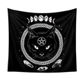 Detail of occult black tapestry featuring a mystical cat, moon phases, and crystals - QY156-1 Mystical Cat