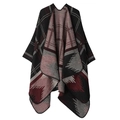 Double-sided reversible plaid knit shawl wrap in black red and grey check patterns - Colorful Checkered Black Brick