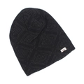 Detail of black knit beanie featuring geometric diamond pattern and Heat brand label - Black
