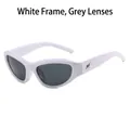 White Y2K oval frame sunglasses with gray lenses and silver star detail - Solid White Frame Gray Lens