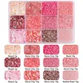 12-grid nail art DIY set with pink sequins, stones, and pearls in a clear organizer box - Pink