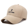 Khaki cotton baseball cap with blue embroidery featuring the number 7 and Mount Green - Deep Beige