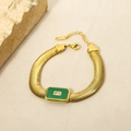 Gold-plated herringbone chain bracelet with green malachite inlay and clear crystal - Malachite Green Rectangle Gemstone Snake Chain Bracelet