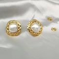 Detail view of gold-plated twisted rope bezel around the white pearl on vintage earrings - Gold Square Woven Edge Style (TE-15071)