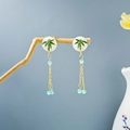 New Chinese style earrings with green bamboo leaf enamel and long tassel drop - Bamboo Leaf White Disc Tassel (E1671-3)