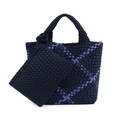 Navy blue woven tote bag with purple diagonal stripes and matching small zipper pouch - Black/Light Blue