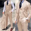 Detail of light beige three-piece business suit including blazer, vest, and trousers - Beige