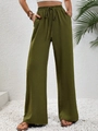 Detail view of high-waist olive green wide-leg pants with elastic drawstring waist - Army Green