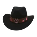 Chapeau de cowboy noir en laine avec broderie florale et boucle en métal rétro - Noir (Bande en cuir fleur rose)