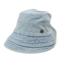 Detail of blue washed denim bucket hat showing neat stitching and round metal logo - 55-59cm (Adjustable) / Light Blue