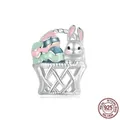 Charme de lapin de Pâques et œufs en émail coloré en argent sterling S925 pour bracelets - Lapin dans le Panier de Fleurs (BSC997)