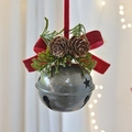 Christmas bell ornament with red velvet bow, pine cones, and green needles - Antique Bronze Bell 8cm