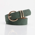 Dark green matte texture leather belt for women featuring a round gold pin buckle - Green