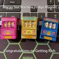 Mini Macau slot machine fridge magnets in pink, gold, and blue with movable levers - Macau Theme Fridge Magnet
