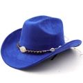 Close-up of bright blue suede hat with ethnic beaded band and shell decorations - Sapphire Blue