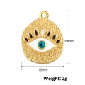 Close-up of gold Evil Eye pendant with 19mm height, 15mm width and 2g weight specs - A0565 (Oval Enamel Eye)