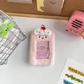 Pink plush card holder with cream embroidery and gold chain for photo card storage - Strawberry/Cake / Pink