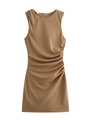 Detail showing side pleats and ruched fabric on khaki sleeveless elegant dress - S / Khaki