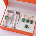 Luxury rose gold jewelry set with emerald green stones and diamond accents in gift box - Rose Gold Emerald Green Watch Jewelry Set (3)