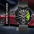 Men's car wheel rim watch featuring neon green calipers and black mesh steel strap - T38 Black Mesh Strap Hub Green