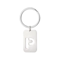 Silver brushed metal military tag keychain featuring a hollowed letter P pendant design - Letter P