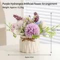 Artificial purple hydrangea and mum in white ceramic pot with twine, height 16cm - Purple Hydrangea - White Potted Artificial Flower Ornament
